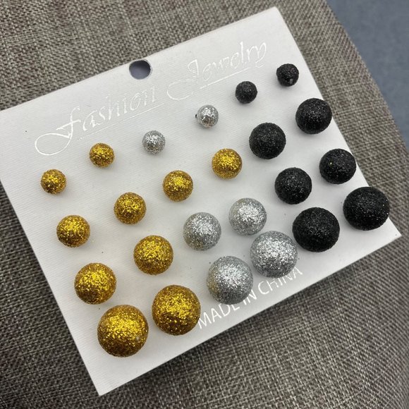 Stud pierced earring Lot Small Round Gold Silver Black Ball Sparkle Glitter Glam - Picture 1 of 5